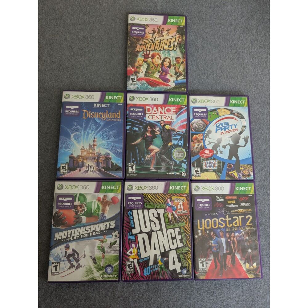 Xbox 360 Kinect Bundle Lot of 7 - Just Dance 4 Dance Central Disneyland & More